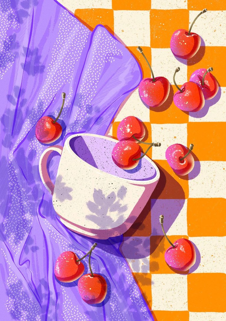 Illustration colorée estivale présentant des fruits sur une table en damier