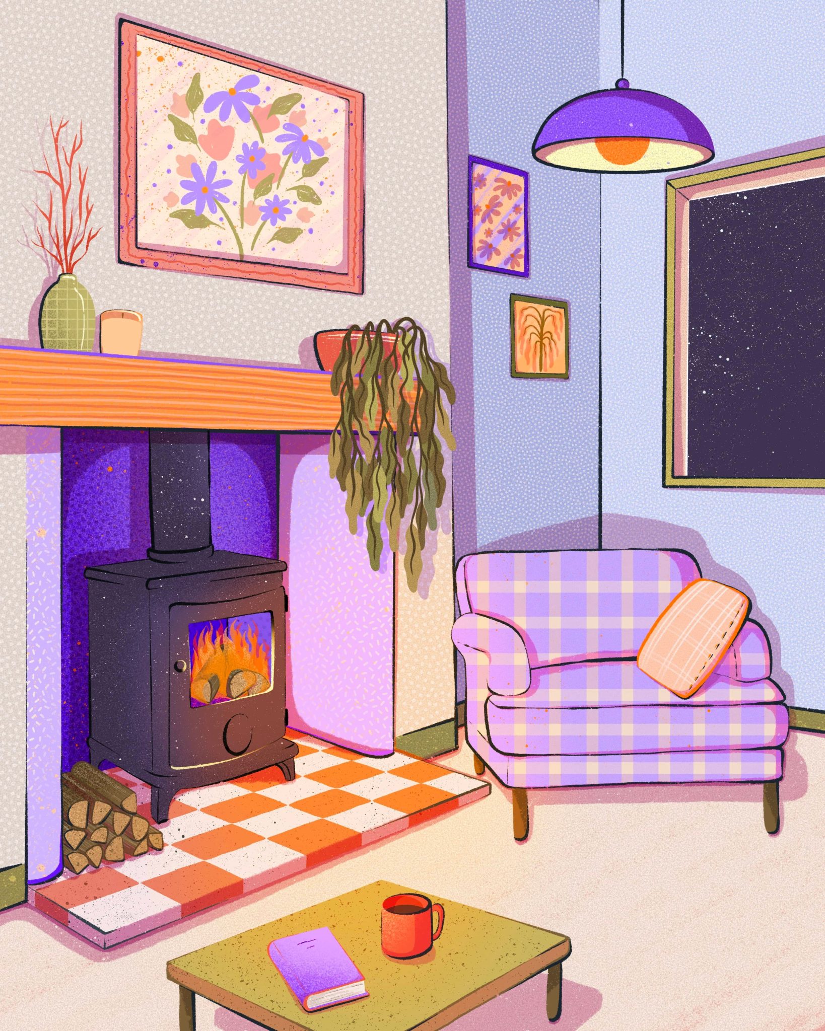 Dessin cozy d'un intérieur déco, fauteuil à coté d'une cheminée