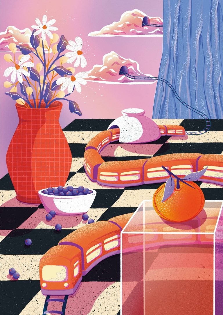 Illustration onirique still life d'un train sur une table, entouré de fruits et de fleurs