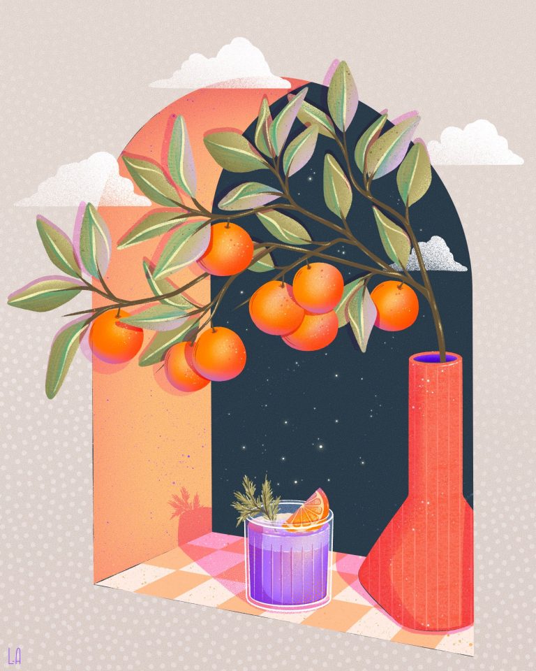 Illustrations colorée et onirique d'une fenêtre en forme d'arche, sur laquelle est posé une branche d'oranger et un verre