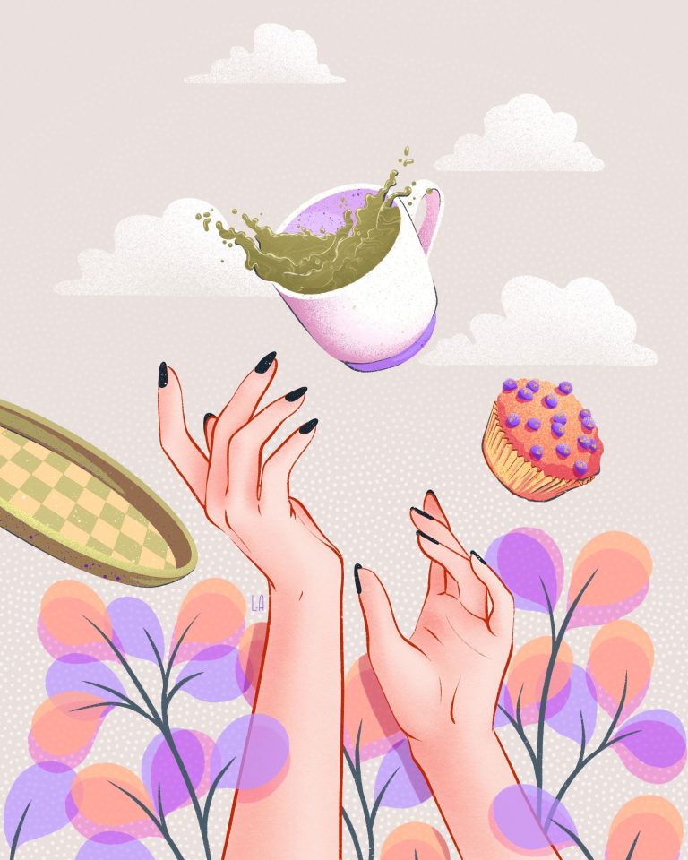 Illustration colorée d'une pause gouter, avec un matcha latte et un muffin