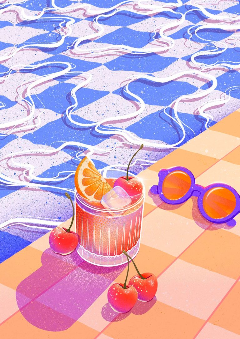 Illustration estivale d'une cocktail de fruit sur le bord d'une piscine