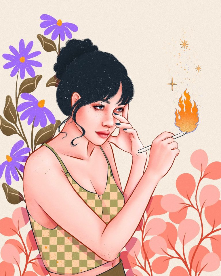 Dessin portrait d'une jeune femme artiste entourée de fleurs colorées