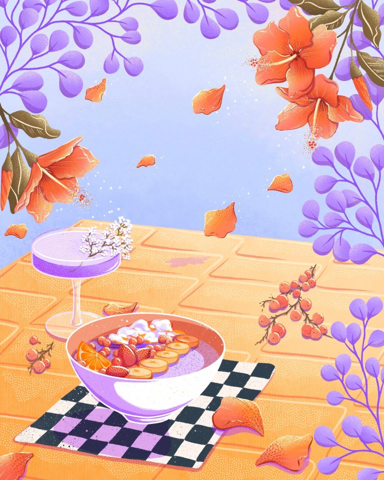 Dessin d'une nature morte poétique, présentant des fleurs et un smoothie bowl